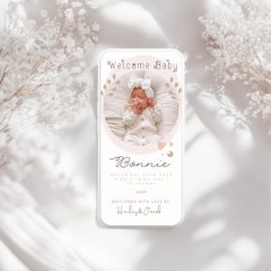 Faire-part de naissance mobile pour bébé fille, modèle de présentation de l'arrivée de bébé, faire-part de naissance nouveau-né modifiable, édition instantanée sur Canva
