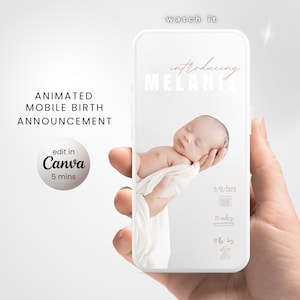 Plantilla de anuncio de nacimiento de bebé, presentación digital de la llegada de un bebé recién nacido, presentación animada del nacimiento de un bebé, video de anuncio móvil: editar en Canva
