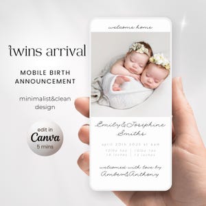 Aankondiging mobiele tweeling, kaartsjabloon aankomst tweeling baby meisjes, papierloze geboorteaankondiger pasgeboren baby, bewerk 'Introduce' geboorte tweeling in Canva
