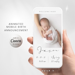 Baby Birth Announcement Template, Newborn Baby Arrival Digital,Animated Baby Birth Introduction, Mobile Announcement Video - Edit in Canva