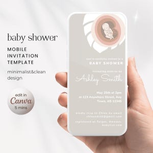 Uitnodiging babyshower mobiel, genderneutrale verstuurbare uitnodiging babyshower, digitale bewerkbare sjabloon voor babyshower - zelf bewerken in Canva