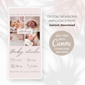 Modello per annuncio di nascita di una bambina, annuncio di nascita di un neonato, annuncio di nascita digitale, ecard per annuncio di nascita mobile