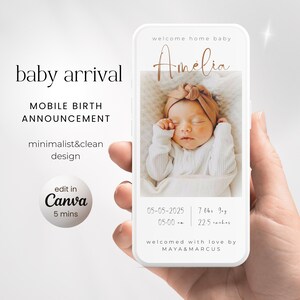 Baby Girl Birth Announcement Template, New Born Baby Arrival Digital, Baby Birth Introduction, Mobile Baby Announcement Edit in Canva