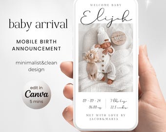 Modern Mobile Birth Announcement Template: Minimalist Newborn Photo Card (Digital Download)