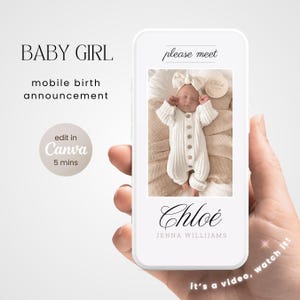Modèle sur toile personnalisable de faire-part de naissance élégant pour bébé fille Vidéo d'arrivée de bébé fille animée numérique Evite