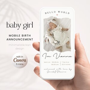 Anúncio de nascimento de bebê menina digital, apresentação virtual do bebê editável no Canva, anunciador eletrônico para recém-nascido, apresentação do bebê