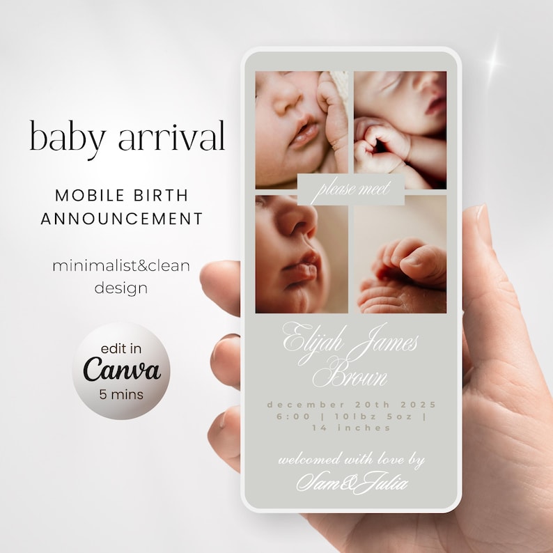 Newborn Baby Girl Introduction Card, Baby Girl Arrival Announcements, send baby announcements, sendable custom customizable baby arrival template, free template baby arrival announcement, mobile virtual electronic, editable in Canva, Instant download, simple modern elegant minimalist clean, welcome baby, hello world, hello baby, meet our baby, beautiful baby girl, png, jpg