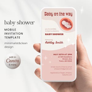 Digitale babyshoweruitnodiging, bewerkbare mobiele minimalistische uitnodiging voor een babyshower, funky elektronische sjabloon, direct bewerken in canvas