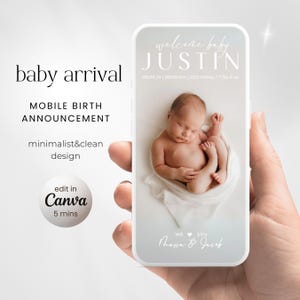 Newborn Baby Birth Announcement Template, New Born Baby Arrival Digital, Baby Birth Introduction, Mobile Baby Announcement Editable in Canva