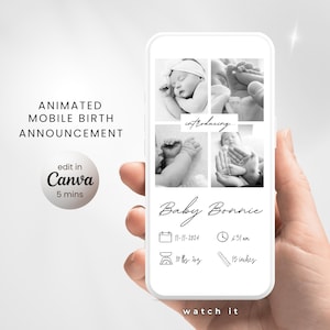 Baby Birth Announcement Template, New Born Baby Arrival Digital, Baby Birth Introduction, Mobile Baby Announcement Edit in Canva