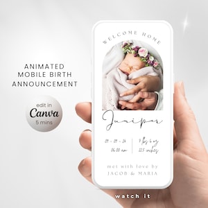 Modèle de faire-part de naissance bébé fille, arrivée de nouveau-né numérique, présentation animée de naissance de bébé, faire-part mobile - modifier sur Canva