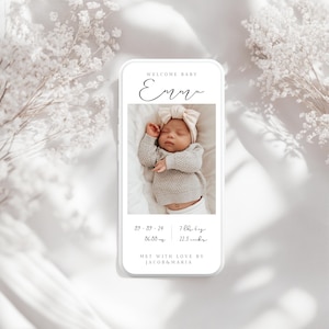 Modèle de faire-part de naissance petite fille, faire-part de naissance nouveau-né numérique, présentation de naissance, faire-part de naissance mobile édité sur Canva