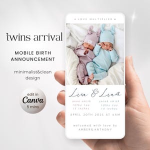 Faire-part de jumeaux mobile, modèle de carte d'arrivée de bébé garçon fille, faire-part de naissance de jumeaux nouveau-né sans papier, faire-part de naissance de jumeaux édité sur Canva