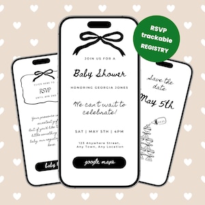 Może przedstawiać: Trzy smartfony wyświetlające zaproszenie na baby shower. Centralny telefon pokazuje czarną kokardę i tekst: "Baby Shower" honorujący Georgię Jones, z datą, godziną i adresem. Pozostałe telefony pokazują szczegóły RSVP i zapisz datę. Zielone kółko mówi "RSVP trackable registry."