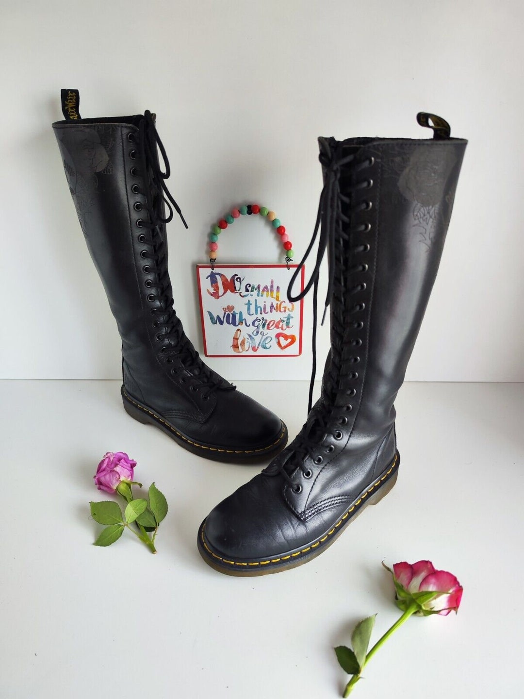 Rare Dr. Martens 20-eye Knee High Boots, Skull Roses Print (UK5