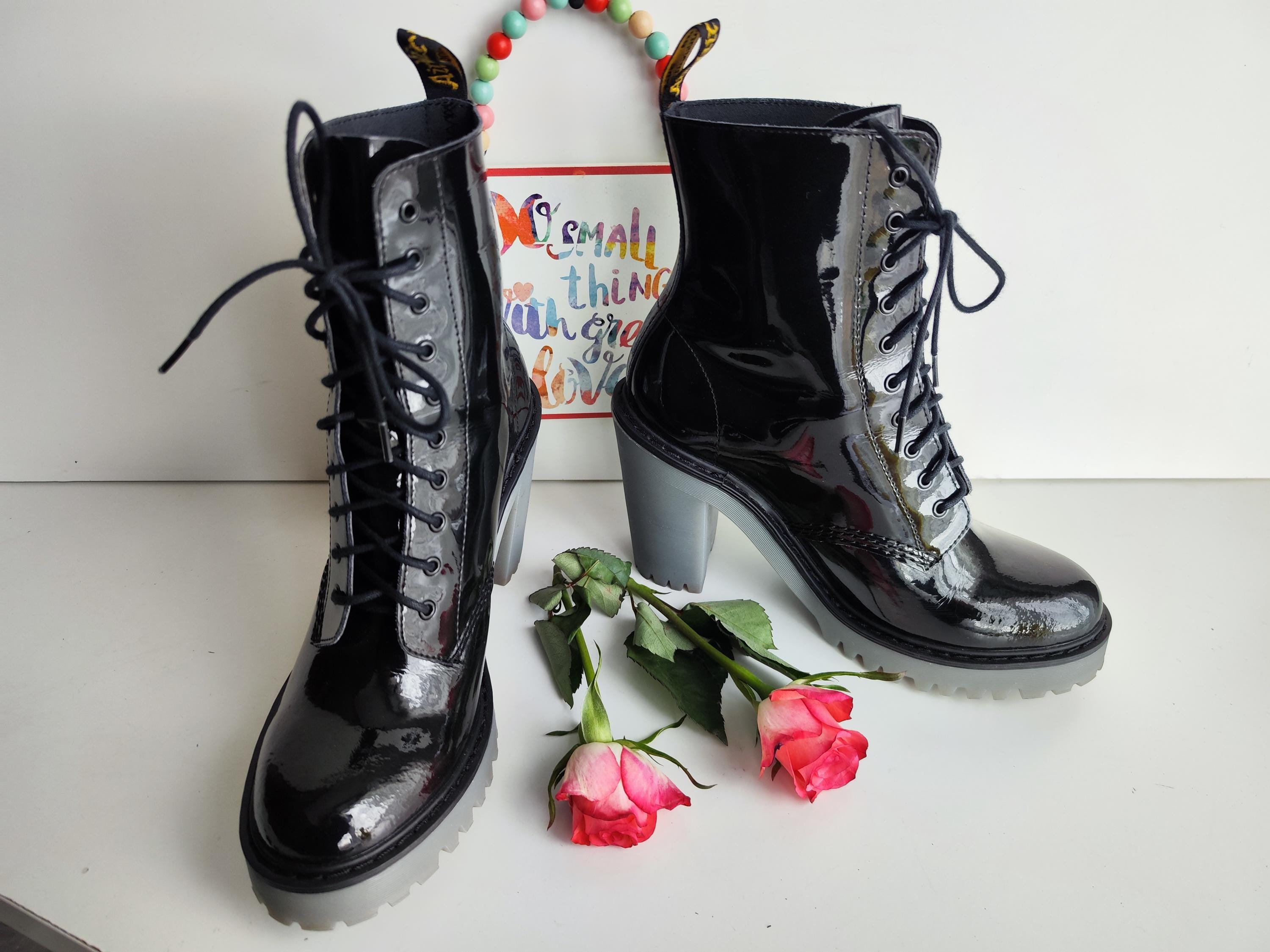 Dr Martens Kendra Heeled Ankle Black Patent Platform Boots