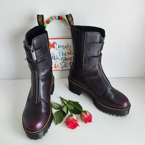 Dr Martens heel cherry red burgundy mid calf court zip buckle boots UK4 EU37 US6