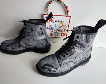Dr Martens 1460 OT Tattoo Gunmetal Grey Japanese Dragon Art Boots