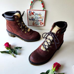 Dr Martens Sylvia brown heel fur collar court boots UK9 EU43 US11