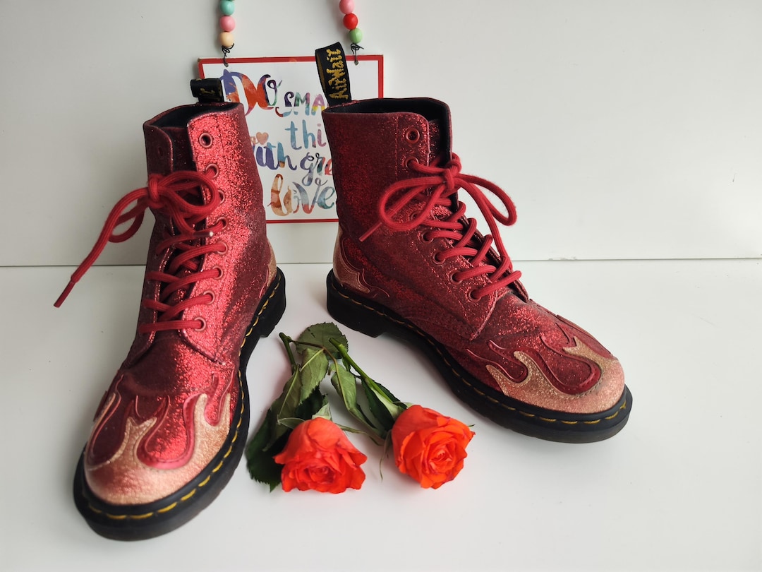 Bottes Dr. Martens 1460 J Cosmic Glitter Rouge Pailletées - Fille Taille US 2 (UK 1 / EU 33)