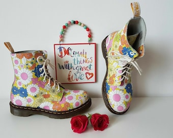 Dr Martens 1460 8 Hole Flowers Floral Pascal Black Purple Boots