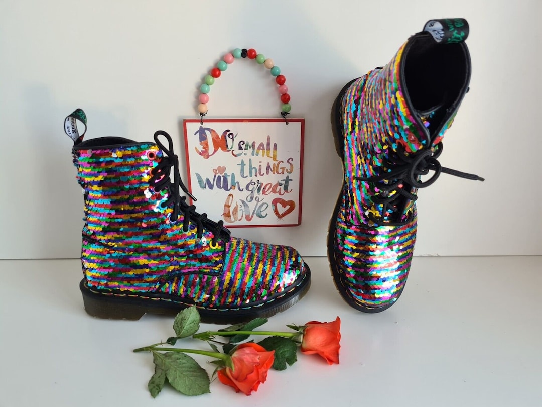 Dr Doc Martens Sequin Seqn Pascal Rainbow 1460 Festival Boots