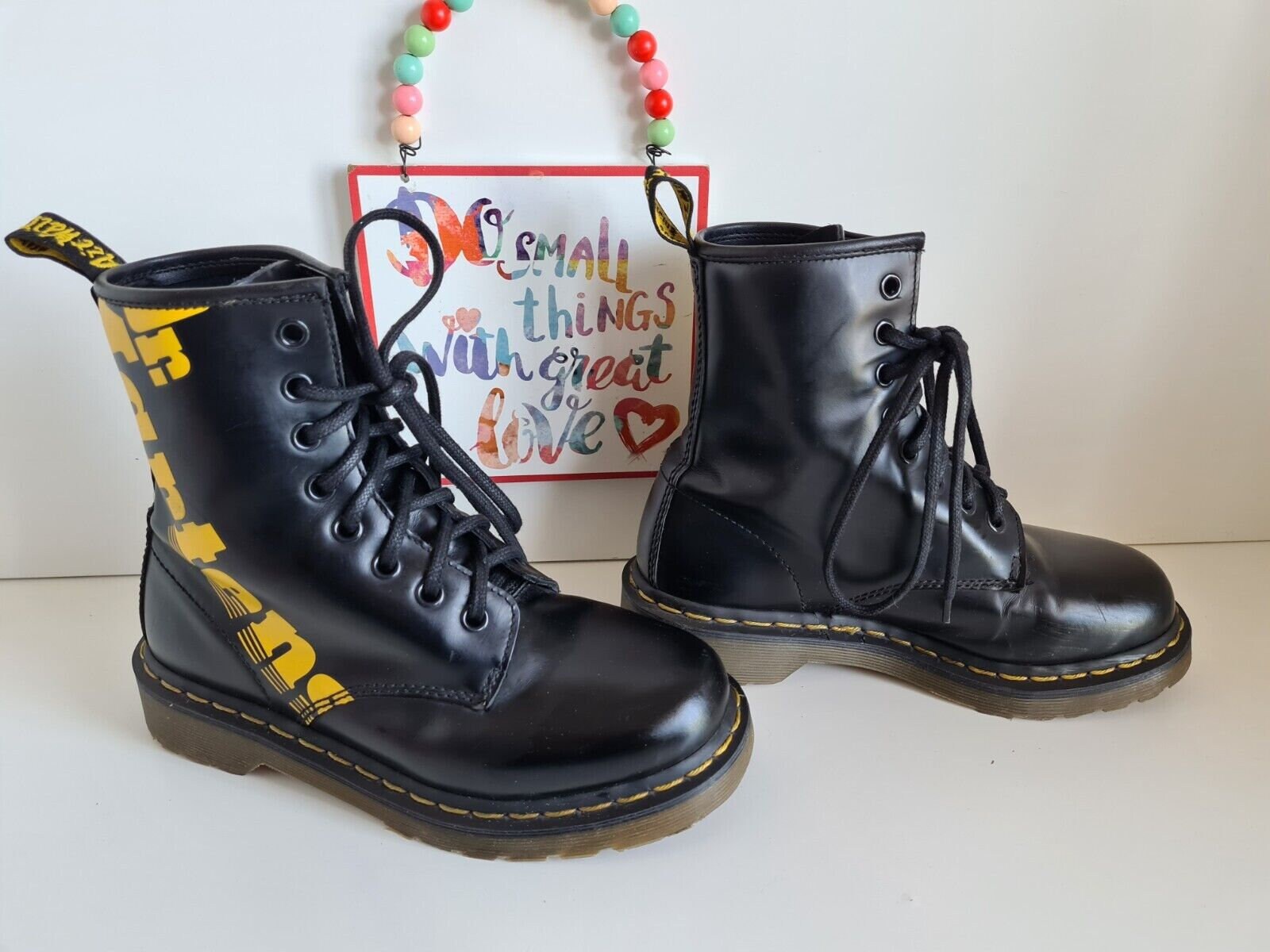 Dr. Martens Black Leather Lace-Up Boots with Yellow Accents Vintage Dr Martens 1460 Boots, Black Leather With Yellow  main image 3