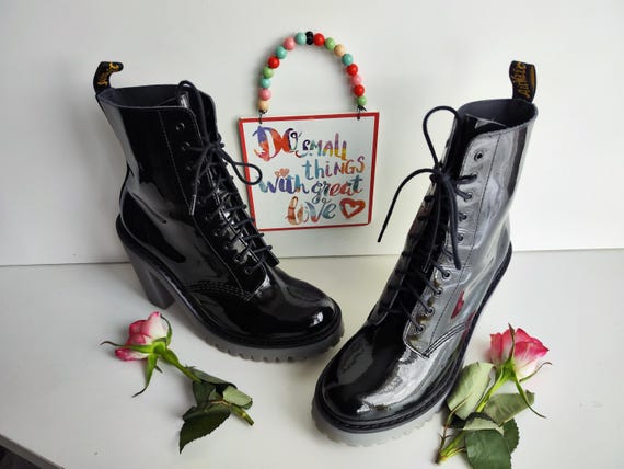 Dr Martens Kendra Heeled Ankle Black Patent Platform Boots UK7