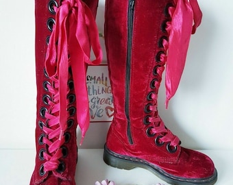 Dr Martens red velvet large eye 20 eye tall knee high zip boots UK4 EU37 US6