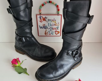 Dr Martens 10576 black buckle mid calf leather boots UK6 EU39 US8