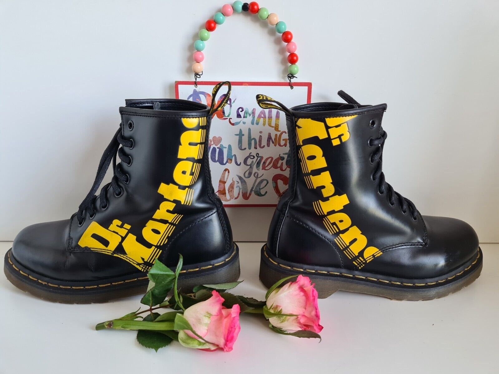 Vintage Dr Martens 1460 Boots, Black Leather With Yellow 