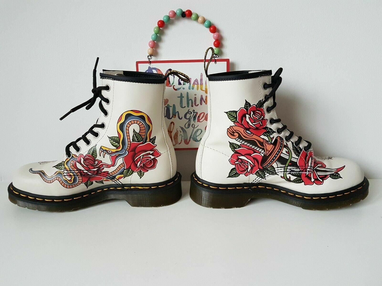 Brand New Dr Martens x Grez 1460 backhand tattoo White leather 8 hole boots UK9 EU43 US10