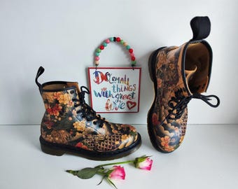 Dr Martens 1460 tattoo brown Japanese koi fish design boots UK6 EU39 US8