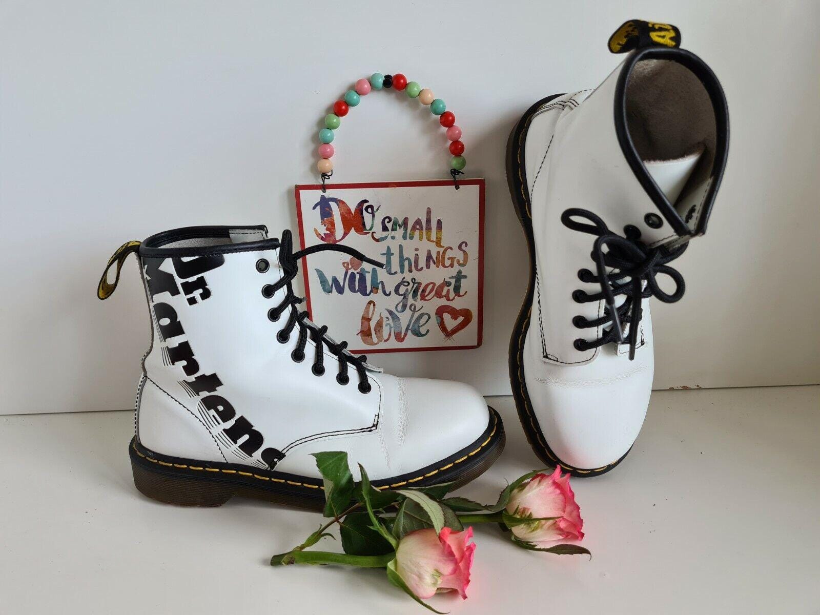 Dr Martens 1460 8 Eye Hole Logo Brand Name Printed White Boots UK6