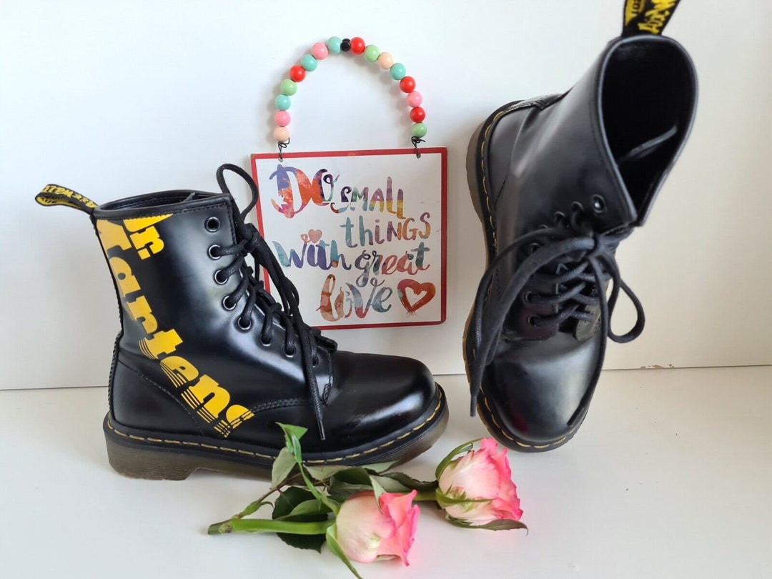 Dr Martens 1460 8 Hole Black Yellow Printed Brand Name Big