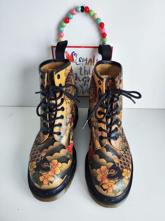Dr Martens 1460 Tattoo Brown Japanese Koi Fish Design Boots