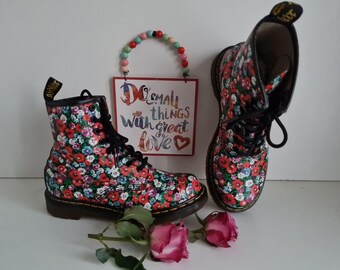 Dr Martens 1460 8 Hole Flowers Floral Pascal Black Purple Boots
