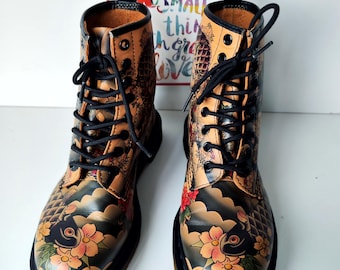 Dr Martens 1460 Tattoo Brown Japanese Koi Fish Design Boots