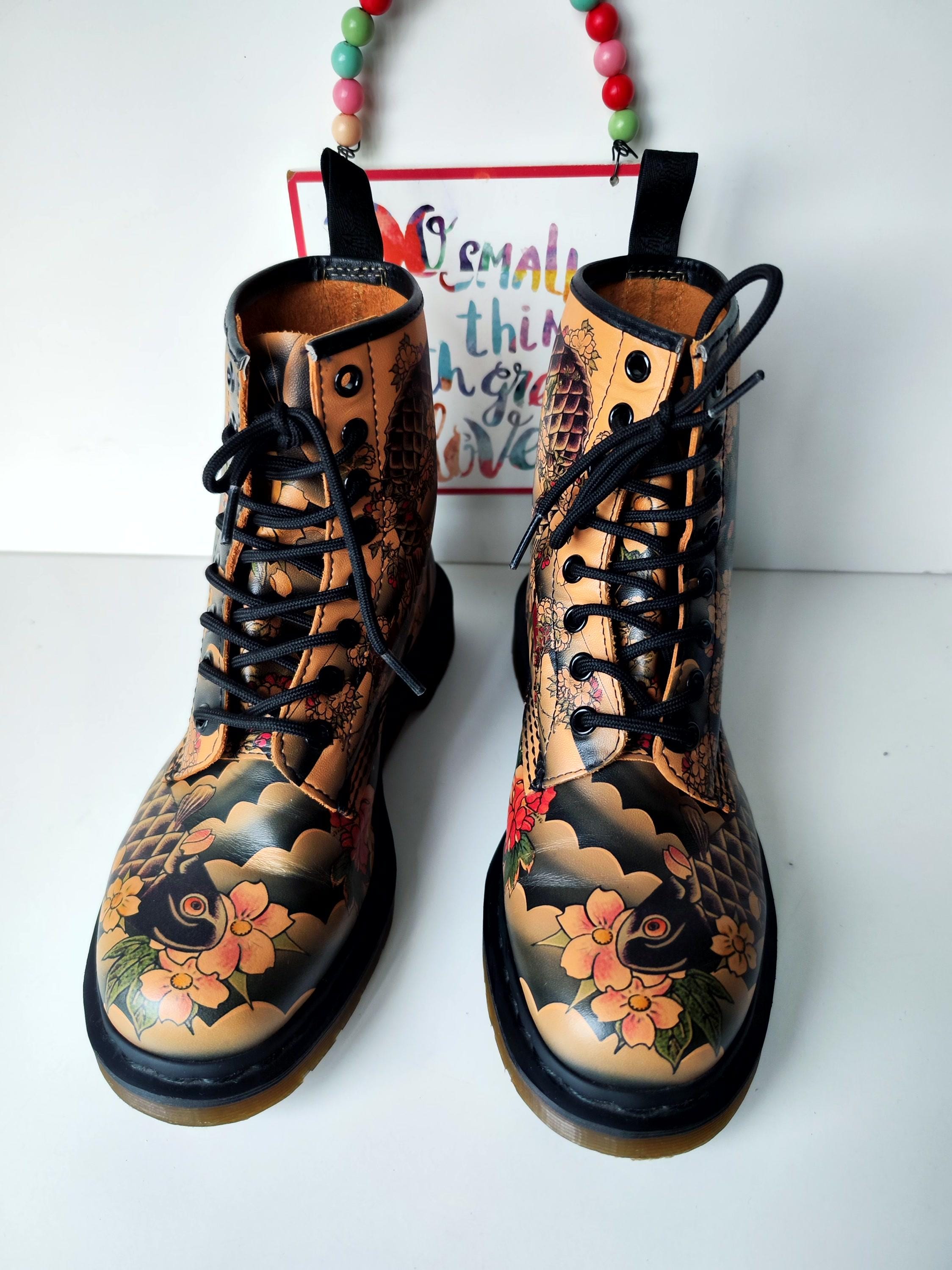 Dr Martens 1460 Tattoo Brown Japanese Koi Fish Design Boots Dr Martens 1460 Tattoo Brown Japanese Koi Fish Design Boots