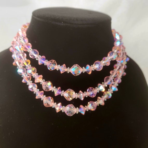 Vintage Pink Aurora Borealis Three Strand Necklace