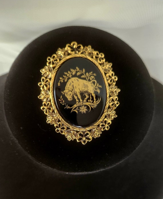 Vintage Gold and Black Taurus Bull Brooch - image 1
