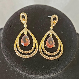 Vintage Smokey Quartz and Citrine Dangle Pierced Earrings