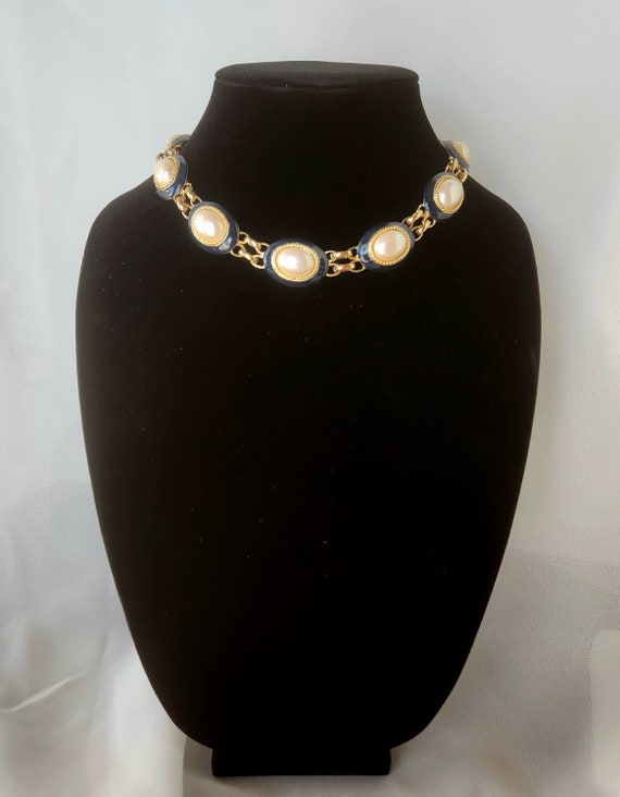 Vintage Monet Navy Blue and Faux Pearl Collar Neck
