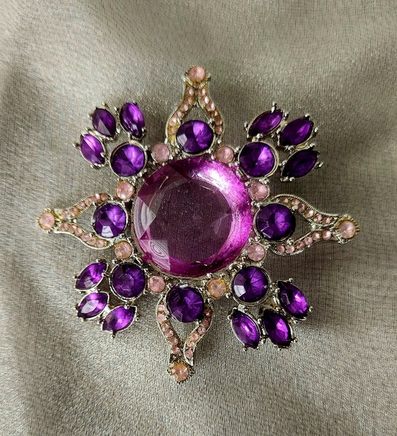 Vintage Purple and Pink Rhinestone Brooch - image 1