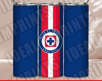 May include: A blue stainless steel tumbler with a silver lid and straw. The centre of the tumbler features a vertical red and white stripe design with the "Club de Futbol Cruz Azul" logo. The bottom of the image has the text "HIGH QUALITY JPG IMAGE".