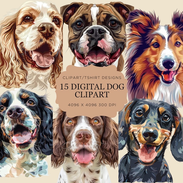 15 Dog Clipart, Dog Breeds Clipart Bundle, Dog Clipart PNG JPG Cute Dog Breed Illustration, portrait puppy Pets Clip art DIY, Commercial Use