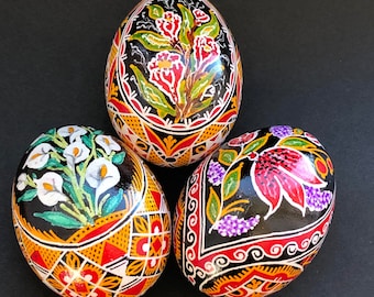 3 Pysanky echte Eier / Ukrainische handbemalte geblasene Hühnereier / Ostereier