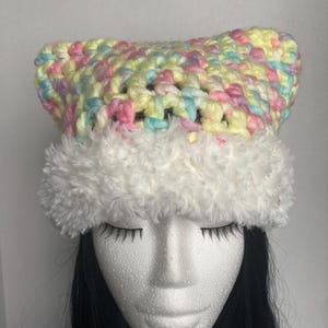 Rainbow (Pink, Yellow, Purple, Blue) Crochet Cat Ear Beanie With Rhinestone Heart, Crocheted Kitty Ear Hat - Handmade