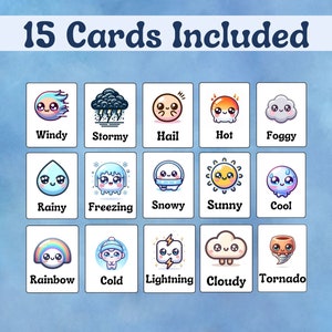 Cartes météo Kawaii-téléchargement numérique, cartes météo imprimables pour les tout-petits et les enfants d'âge préscolaire, cartes mémoire pour tout-petits, kawaii mignon
