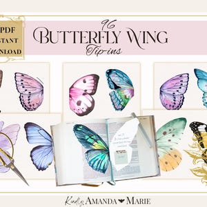 Pode incluir: Uma coleção digital de 96 inserções de asas de borboleta com vários designs de asas em estilo aquarela em tons de rosa, azul, verde e amarelo. A imagem exibe múltiplas ilustrações de asas, uma tesoura dourada e um livro aberto.